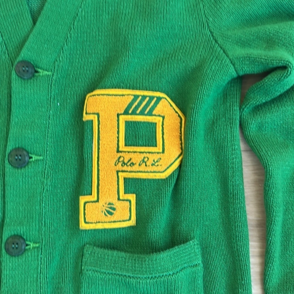 Polo by Ralph Lauren Green Wool Varsity Cardigan with Yellow Patch - Picture 9 of 11